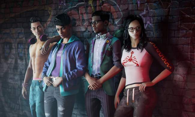 The crew of the Saints Row reboot stands against a wall.