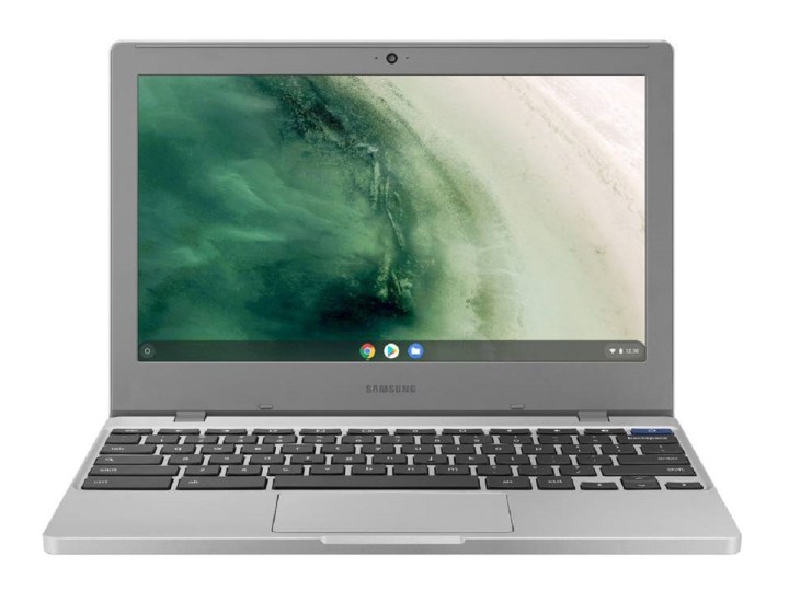 The 11-inch Samsung Chromebook in gray with a landscape image on the display.