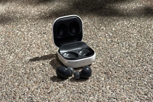 The Samsung Galaxy Buds 2 and their case sitting on the ground.