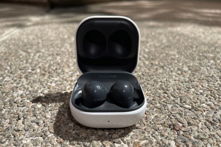 Closeup on open Galaxy Buds 2 case with earbuds inside.