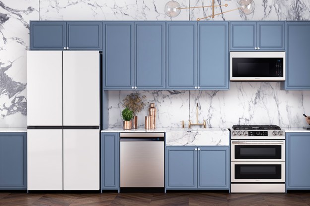 Samsung Kitchen Appliance Package in a kitchen with blue cabinets.