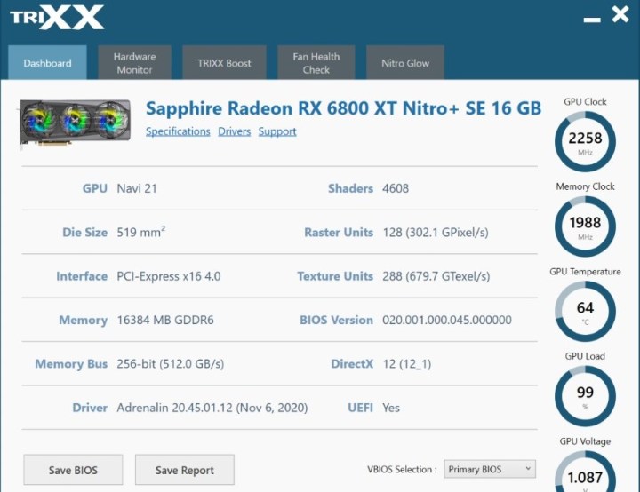The dashboard of the Sapphire TriXX app.