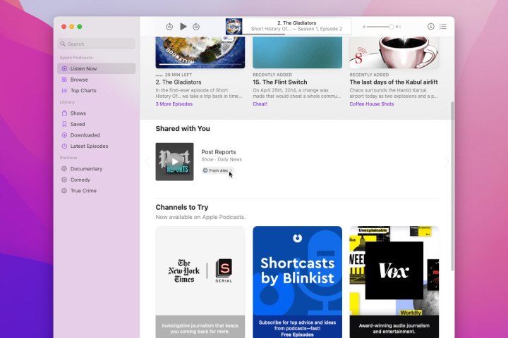 Shared With You content in the Podcasts app in MacOS Monterey.