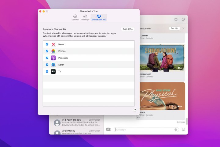 Adjusting Shared with You settings in the Messages app in MacOS Monterey.