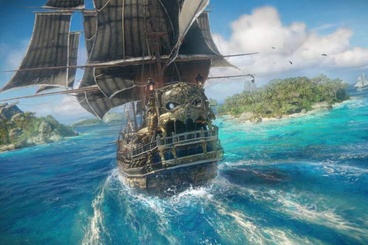 A ship rounds a small island in Skull & Bones.