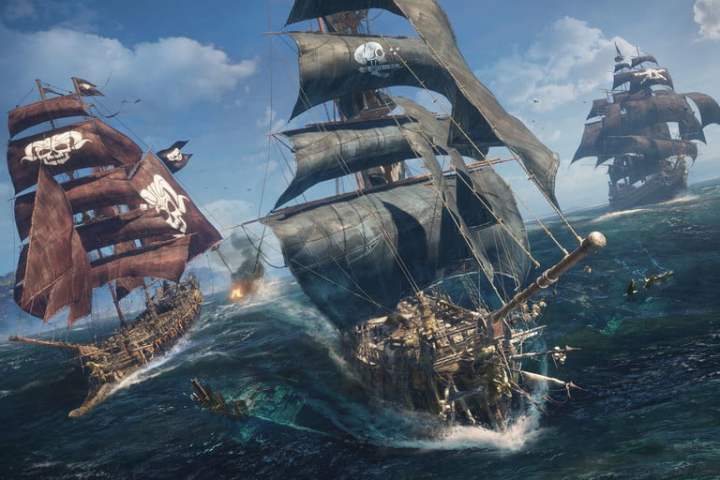 Ships fire at each other on the high seas in Skull & Bones promo images.