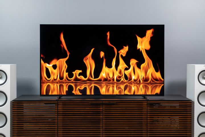 Flames on the screen of a Sony A80J 4K HDR OLED TV.