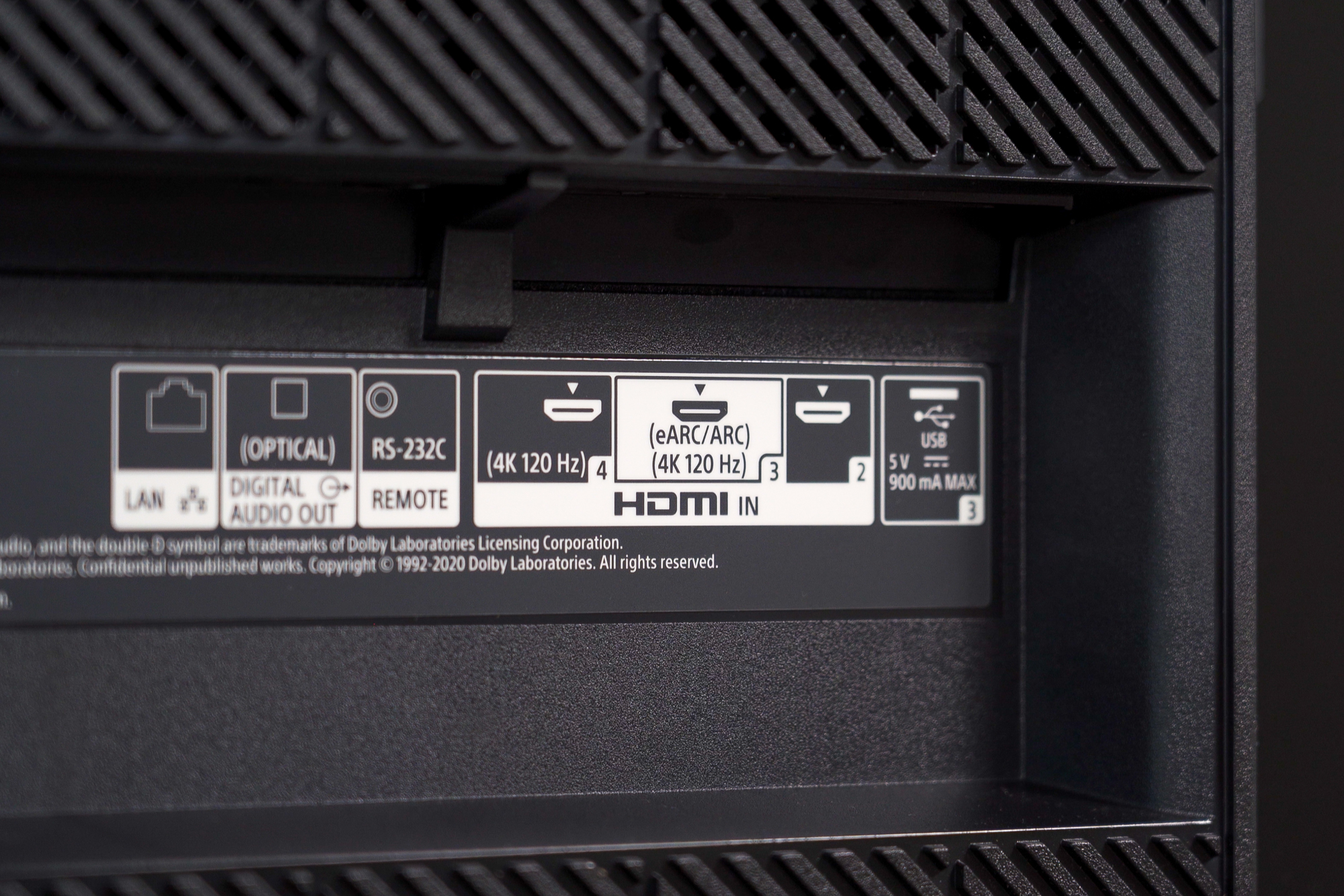A close up image on the Sony A80J 4K HDR OLED TV's plugins and ports on the backside.
