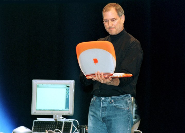 Steve Jobs at an orange iBook Macworld Expo in Tokyo, Japan on February 16, 2000.