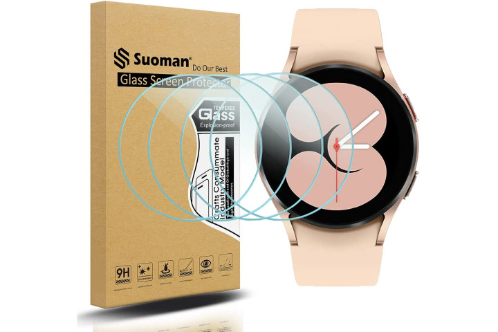 Suoman Tempered Glass Screen Protector shown on a pink Galaxy Watch 4.