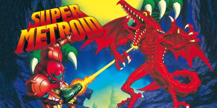 Samus fighting Ridley on the cover of Super Metroid.