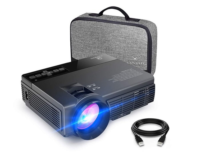 The Vankyo Leisure 3 Mini Projecter in black, with the projector light turned on.