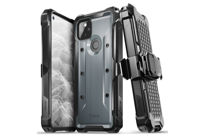 Vena's vArmor case for the Pixel 5a, showing the front, rear, and side views with the swivel holster.