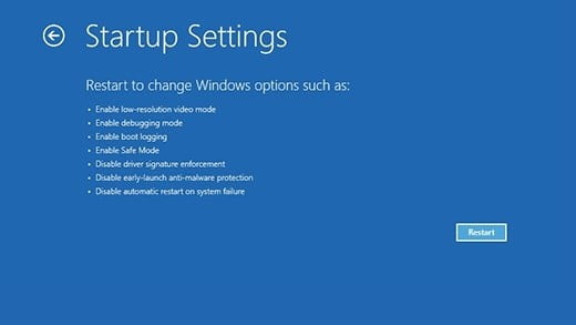 The Windows 11 startup settings screen.