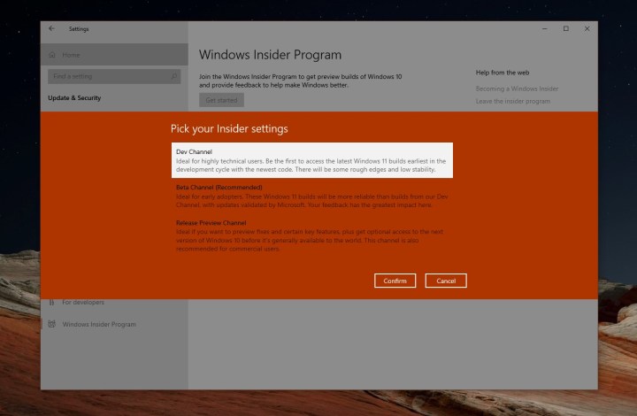 Un écran dans le programme Windows Insider.