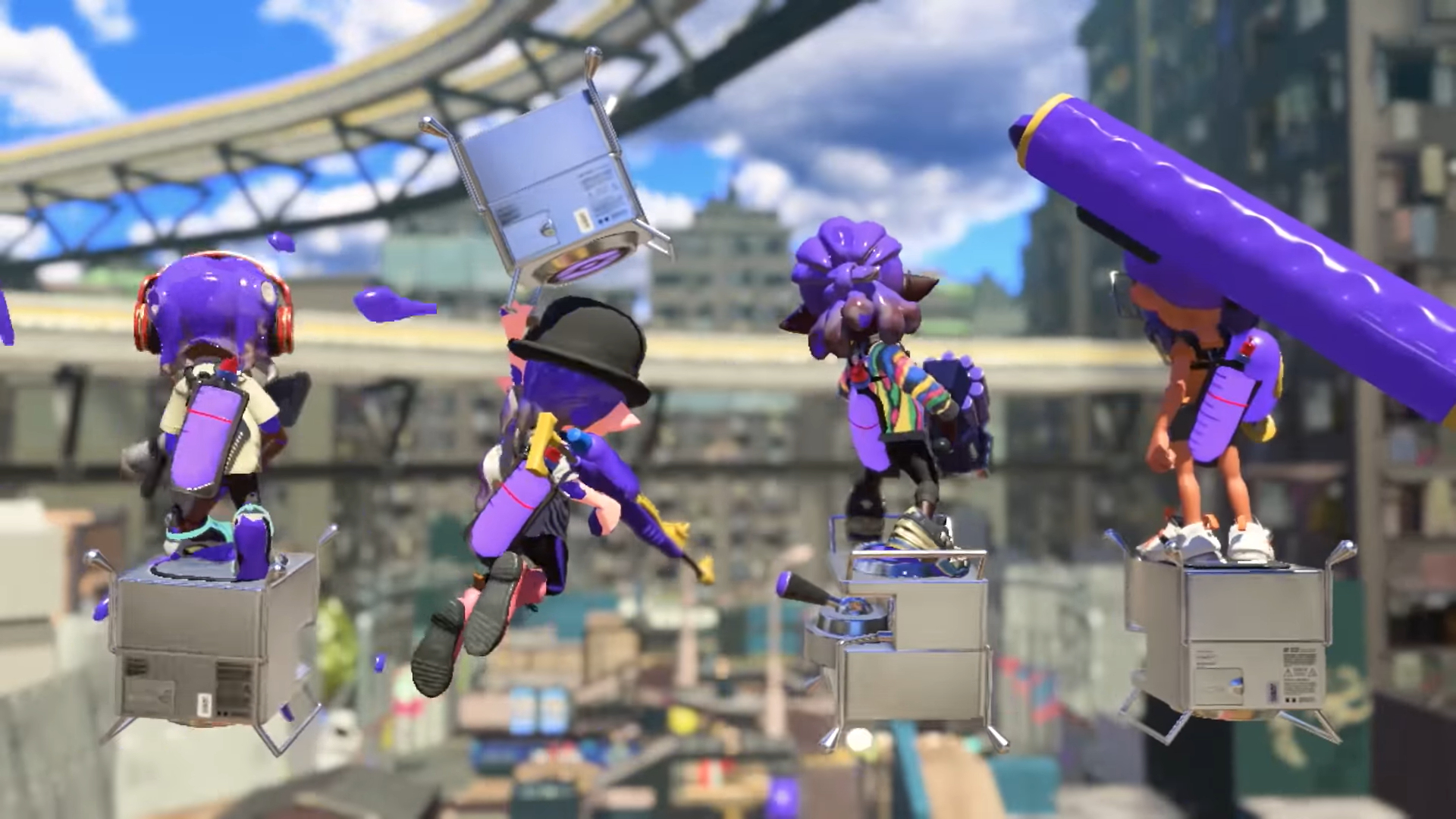 Uma equipe de Inklings roxos se preparando para jogar.