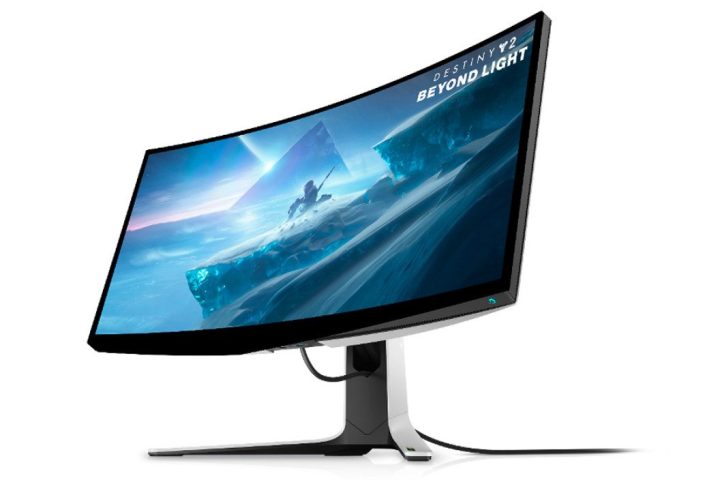 Alienware 38 Curved Gaming Monitor showing video game scene, on a white background