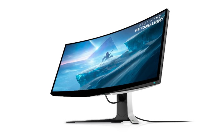 Alienware 38 Curved Gaming Monitor showing video game scene, on a white background