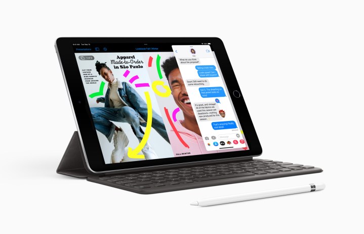 An iPad 10.2 paired up with a keyboard.