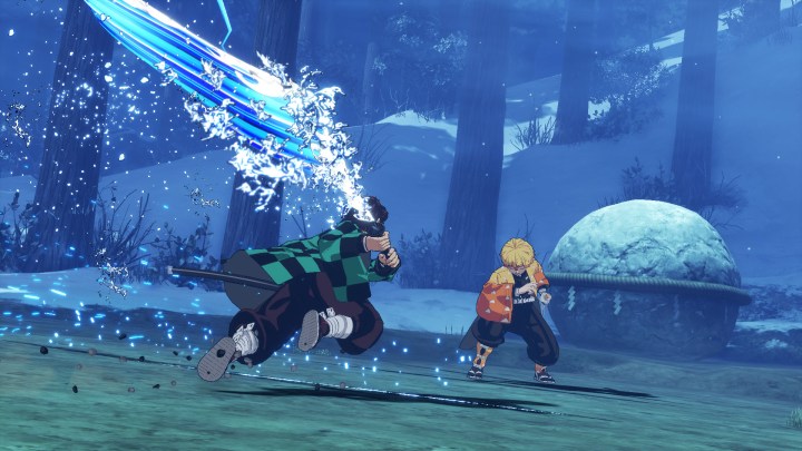 The demon slayer character stabs the opponent.
