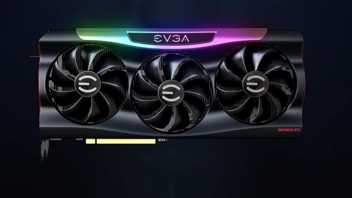 Una scheda grafica EVGA RTX 3090 nera con illuminazione RGB pastello sulla parte superiore.