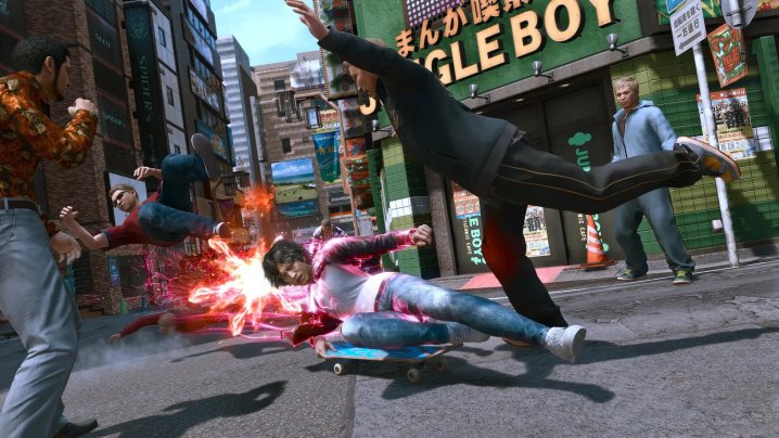 Yagami slide kicks an enemy in Lost Judgment.