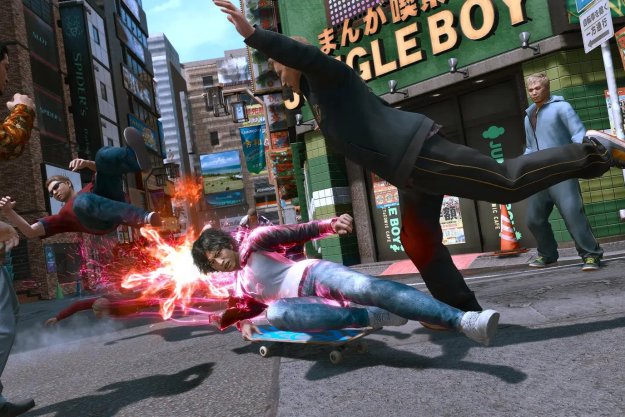 Yagami slide kicks an enemy in Lost Judgment.