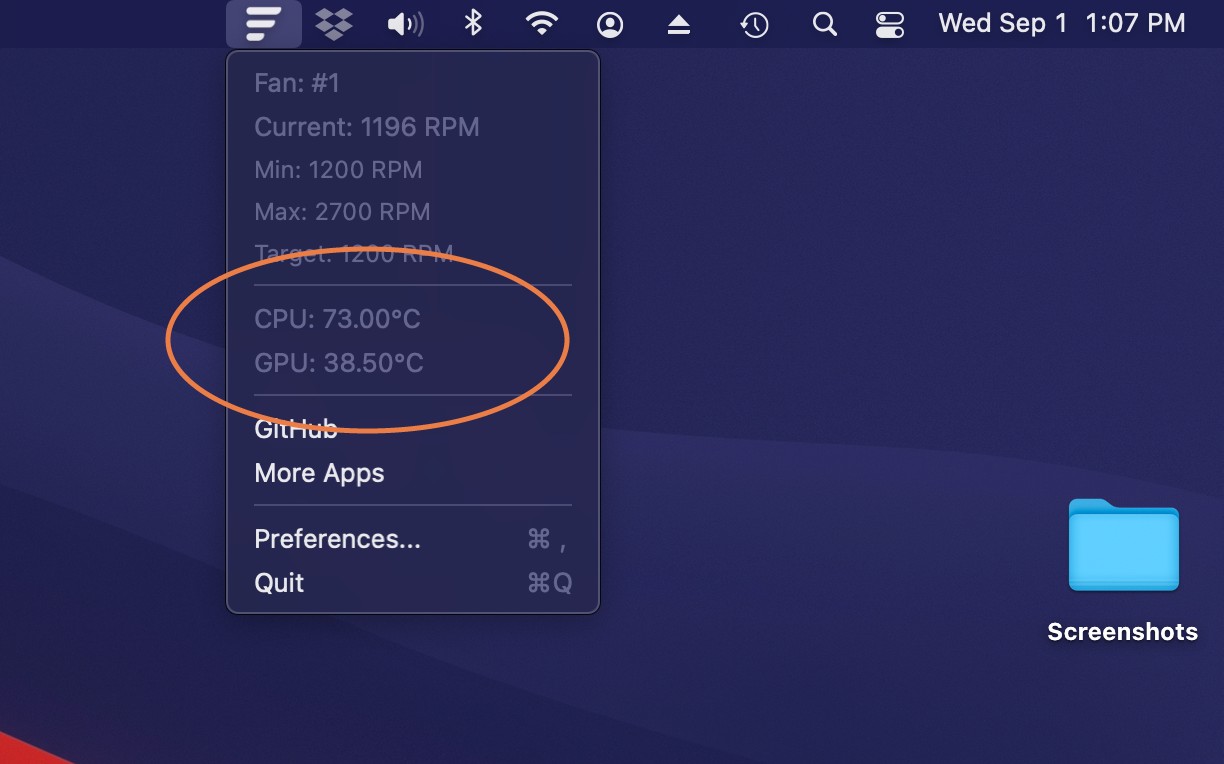 The Fanny widget displays CPU and GPU temperatures on MacOS.