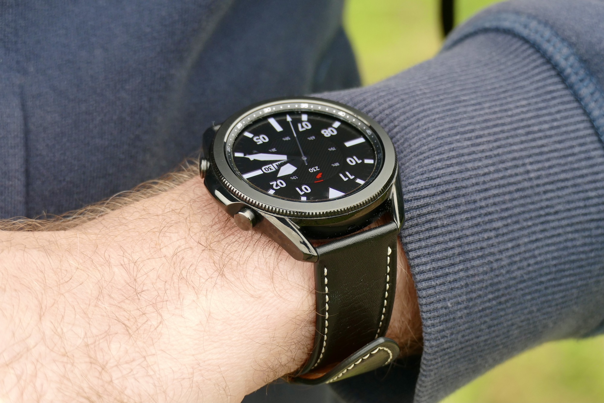 Galaxy Watch 3 on the wrist, seen from the side.