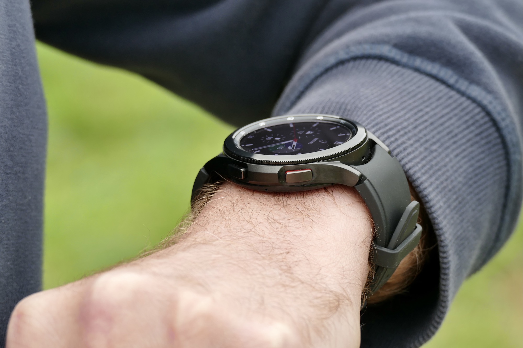 Galaxy Watch 4 Classic on the wrist, seen from the side.