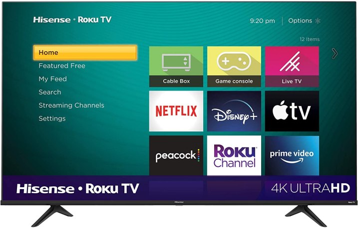 The 65-inch Hisense R6 Series 4K TV with the Roku TV interface on the screen.