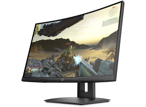 HP x24c Curved gaming monitor with game scene on the screen, on a white background.