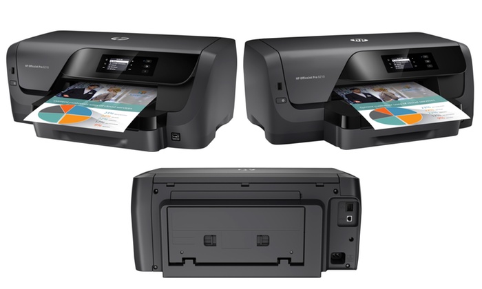 HP Officejet Pro 8210 printer shown from three different angles with a sheet of colorful paper in the tray, on a white background.