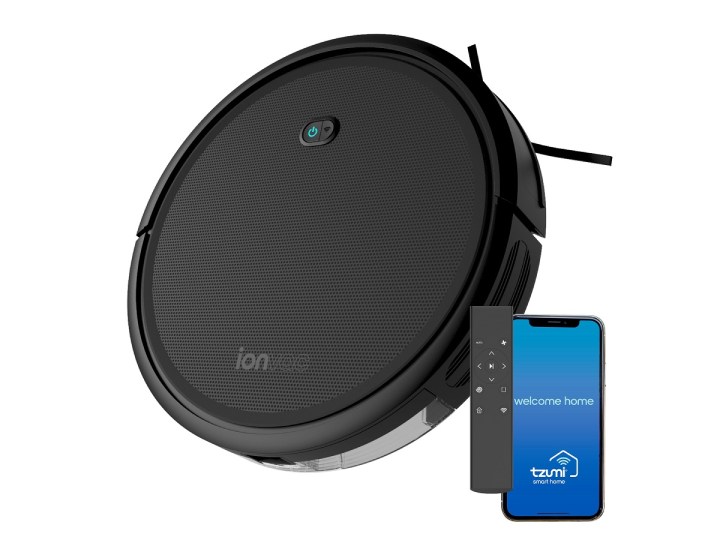 The IonVac SmartClean 2000 robot vacuum with its remote and app.