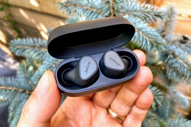The Jabra Elite 3 true wireless earbuds in their charging case.