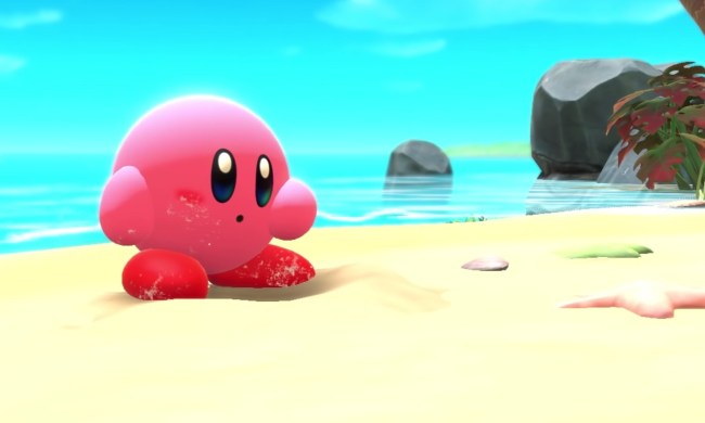 Kirby on the beach in Kirby and the Forgotten Land.