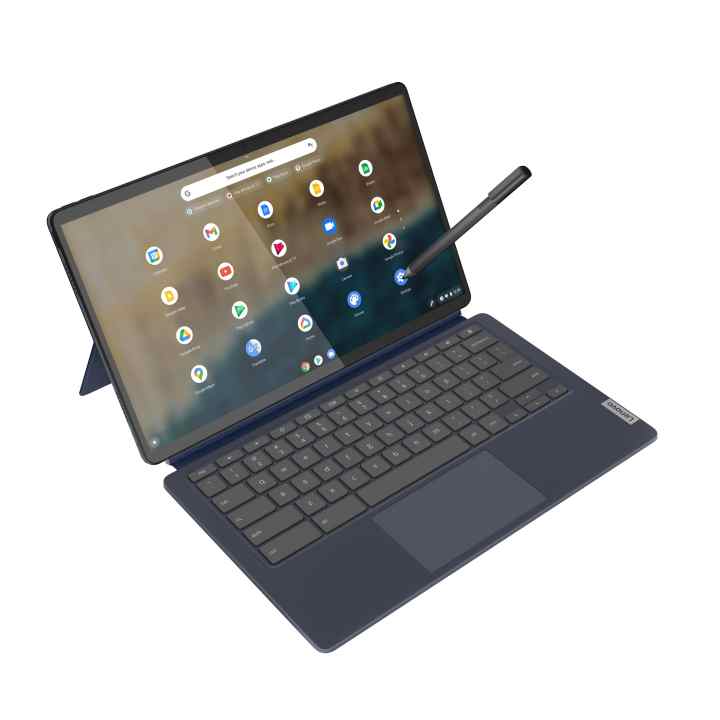 Lenovo Chromebook Duet Laptop with the menu screen open.