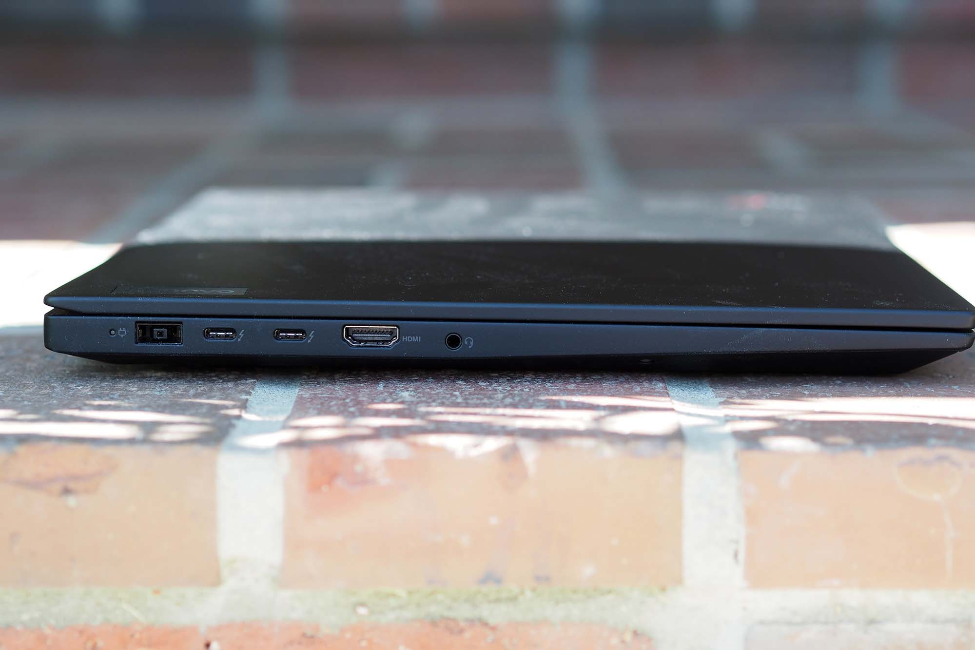 Charging plugin, 2 micro USB ports, HDMI port, and headphone jack on the Lenovo ThinkPad X1 Extreme Gen 4.