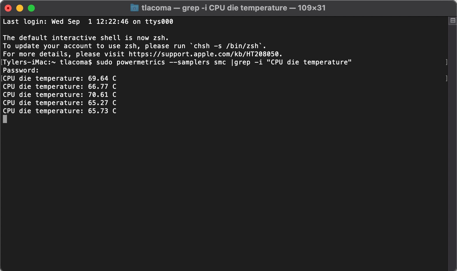The terminal tracking CPU temperature after a successful command.