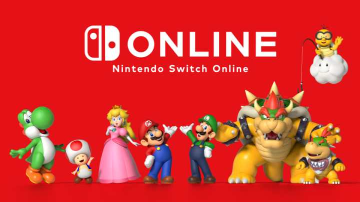 Марио и друзья позируют под логотипом Nintendo Switch Online.