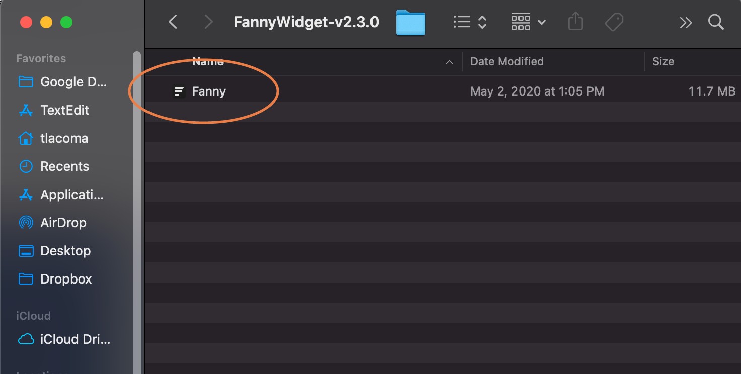 Unzipping the Fanny widget file on Mac.