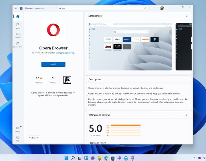 Il browser Web Opera in Windows 11 Store.