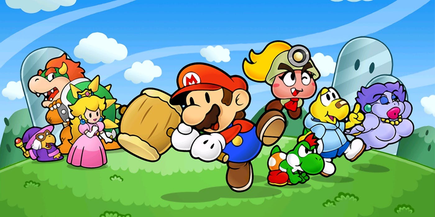 El colorido elenco de Paper Mario: The Thousand Year Door se encuentra sobre la hierba.
