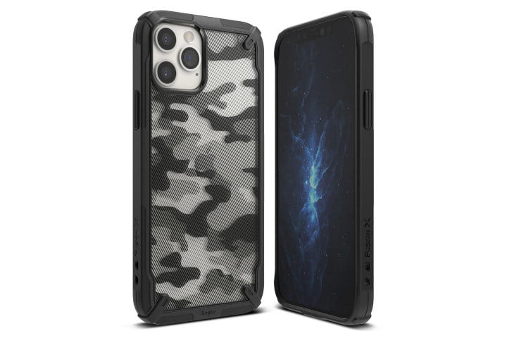The front and back of the Ringke Fusion-X case in clear with camo design for the iPhone 13 Pro.