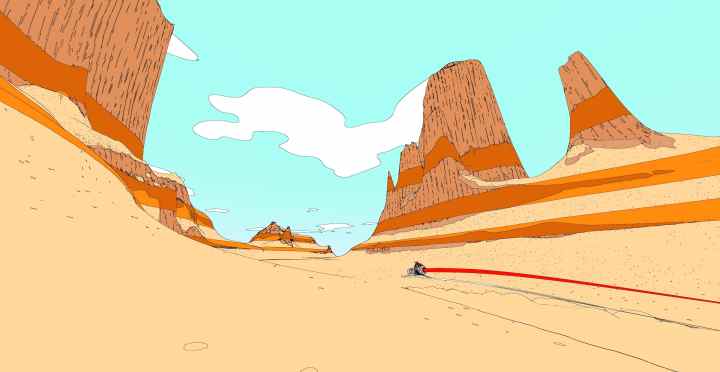 Sable drives across the desert in a glider.