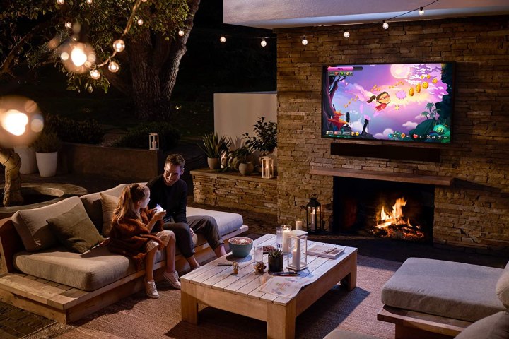 The Samsung 55-inch The Terrace mounted outside.