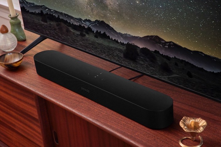 Sonos Beam Gen 2 soundbar sits below a TV.