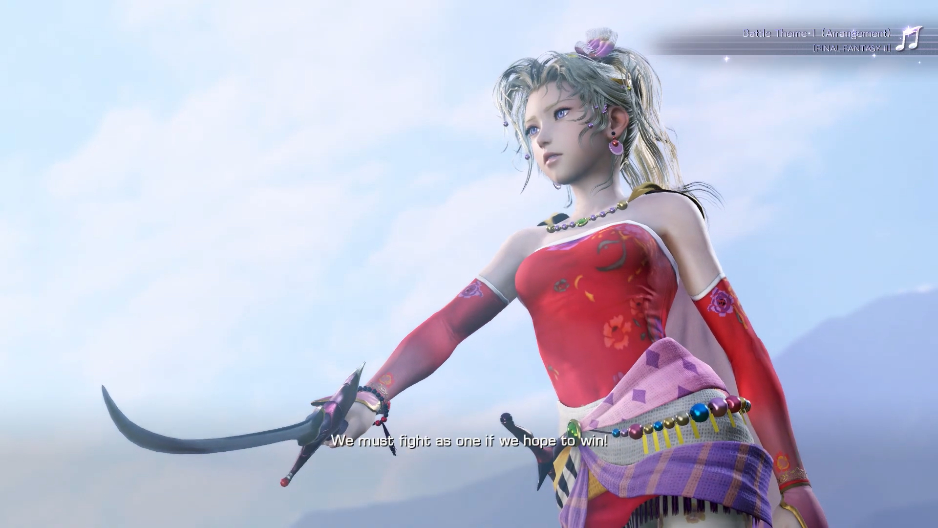 Terra in a red dress holding out her sword.