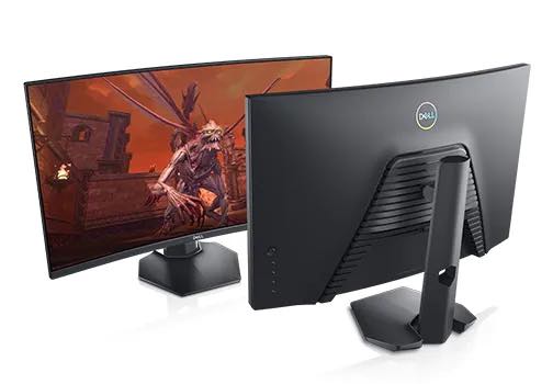 The rear and front view of the Dell 27 Curved Gaming Monitor while displaying a game.