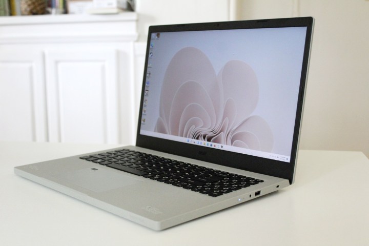 The Acer Aspire Vero, open on the table, showing its keyboard and display.